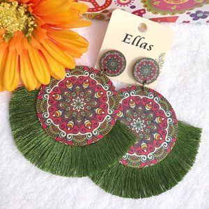 Large Boho Earrings Painted Wood Fan Tassel Posts